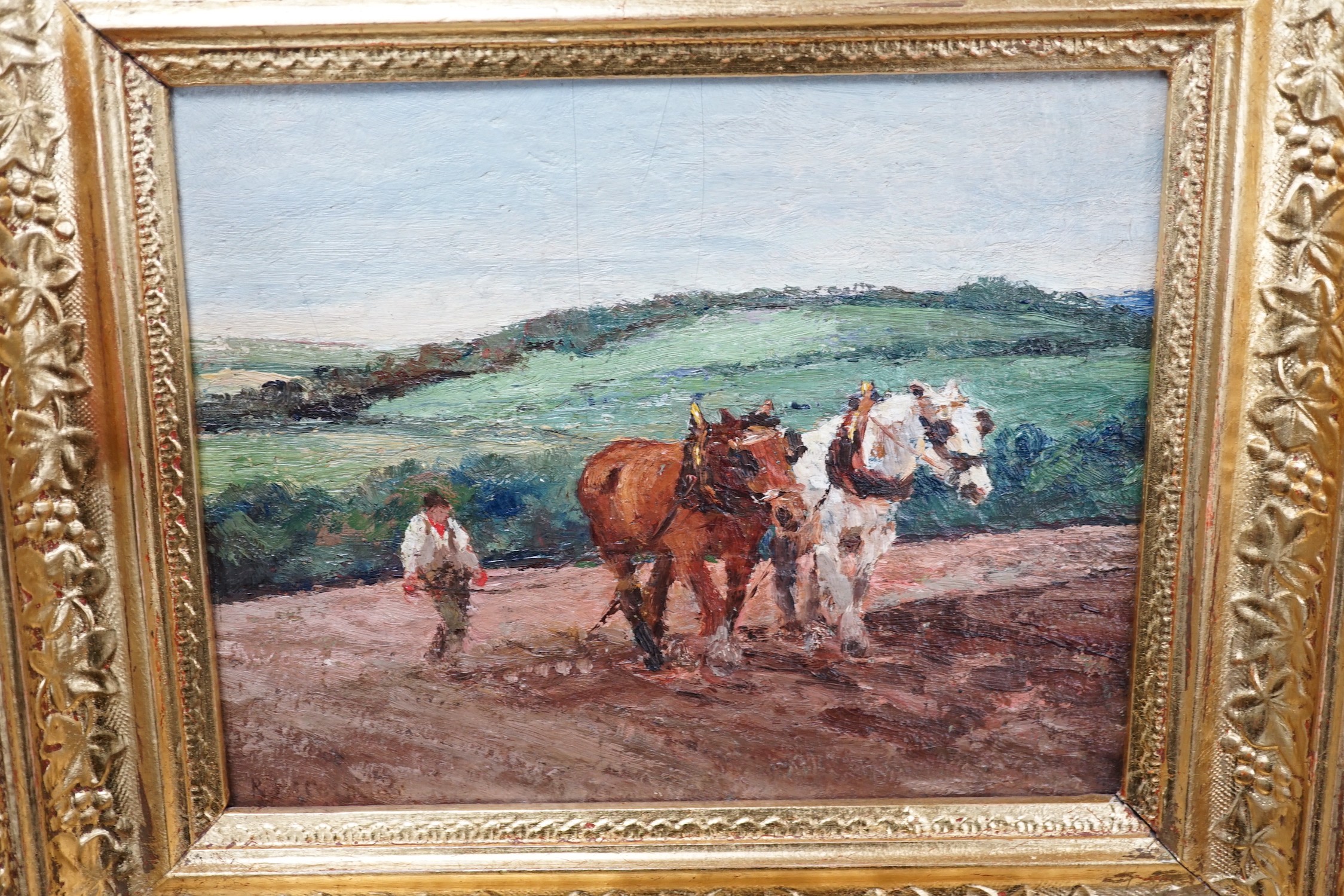 John Muirhead (1863-1927) and Others, watercolour, 'Hemingford, Abbots', signed, 16 x 25cm, R.Coleman, oil on board, Ploughing scene, two engraved maps and a small Dutch style oil winter scene